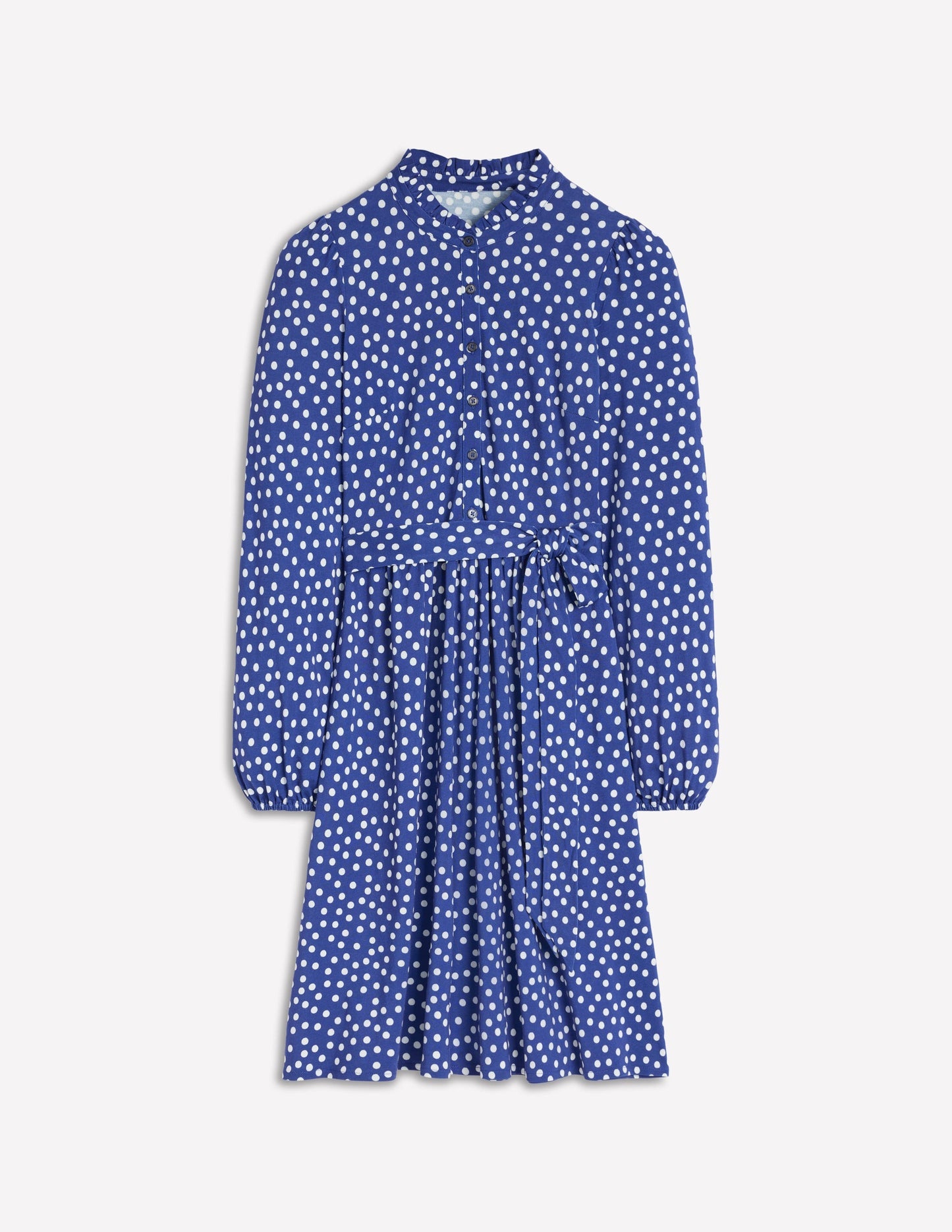 Boden Willow Ruffle Neck Shirt Dress - Bright Blue, Dot