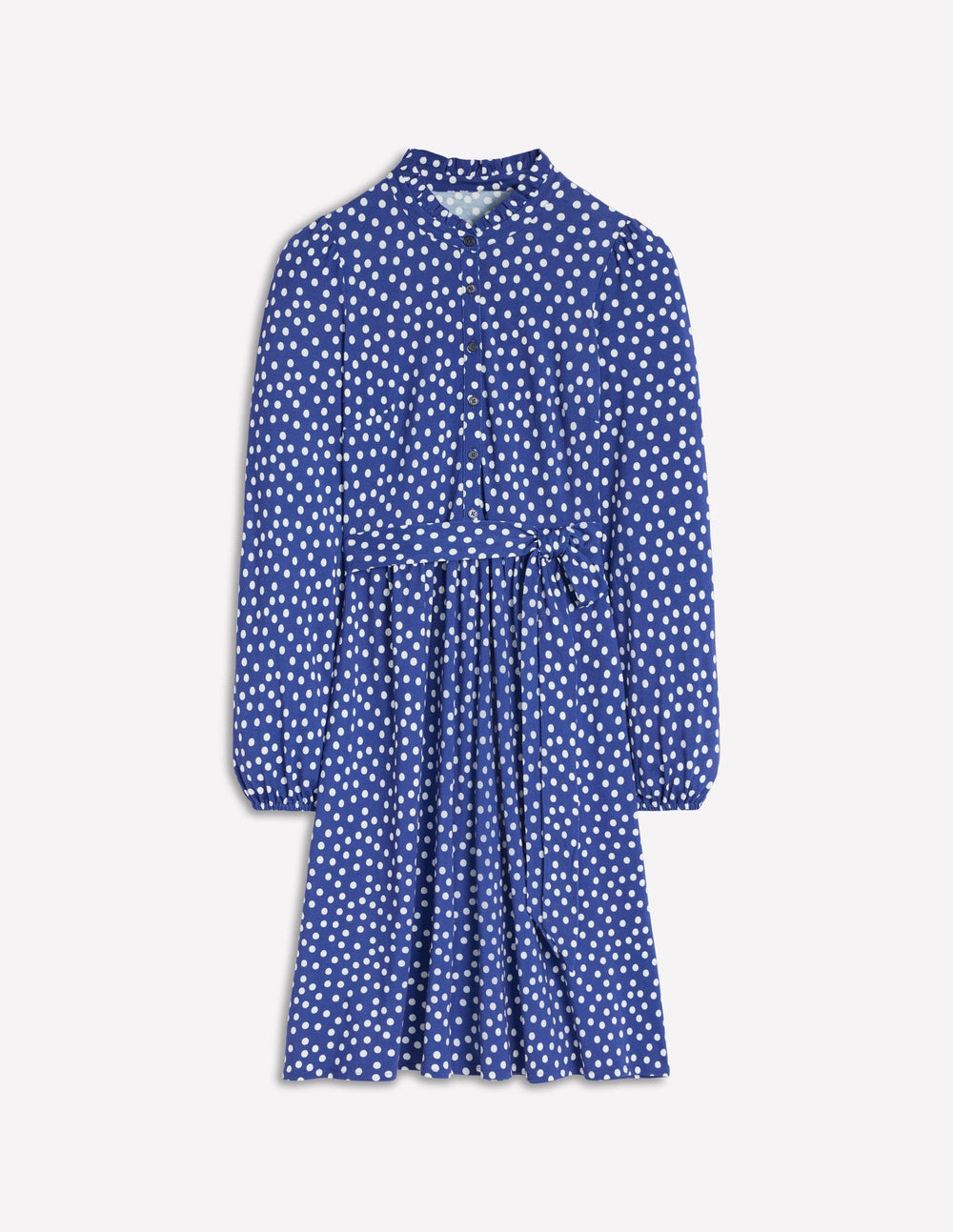 Boden Willow Ruffle Neck Shirt Dress - Bright Blue, Dot