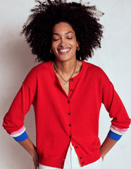 Boden Lara Relaxed Cotton Cardigan - Poppy Red, Cuff Stripe