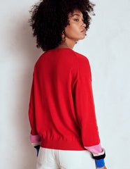 Boden Lara Relaxed Cotton Cardigan - Poppy Red, Cuff Stripe