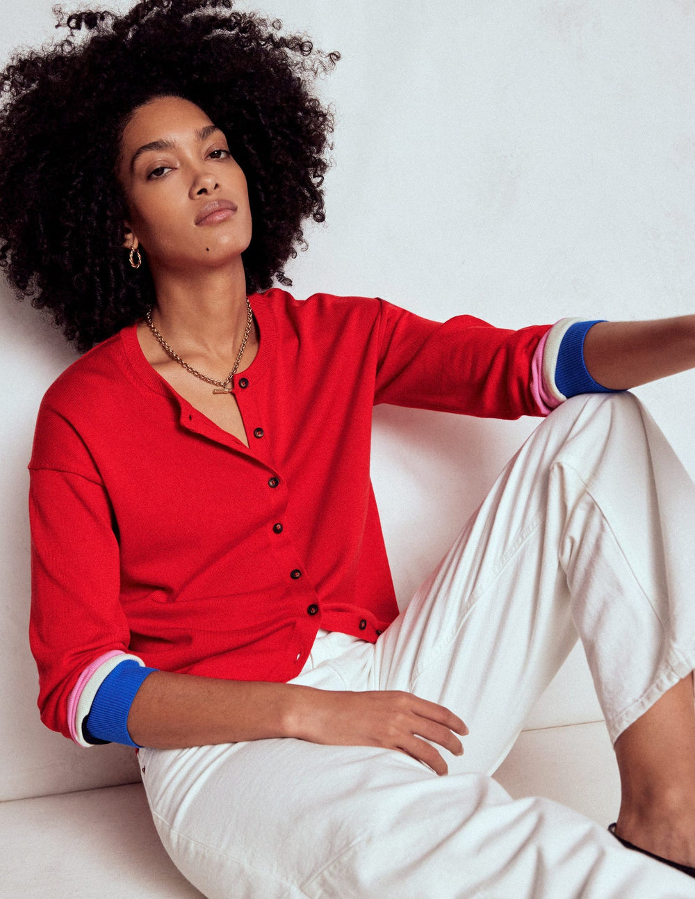 Boden Lara Relaxed Cotton Cardigan - Poppy Red, Cuff Stripe