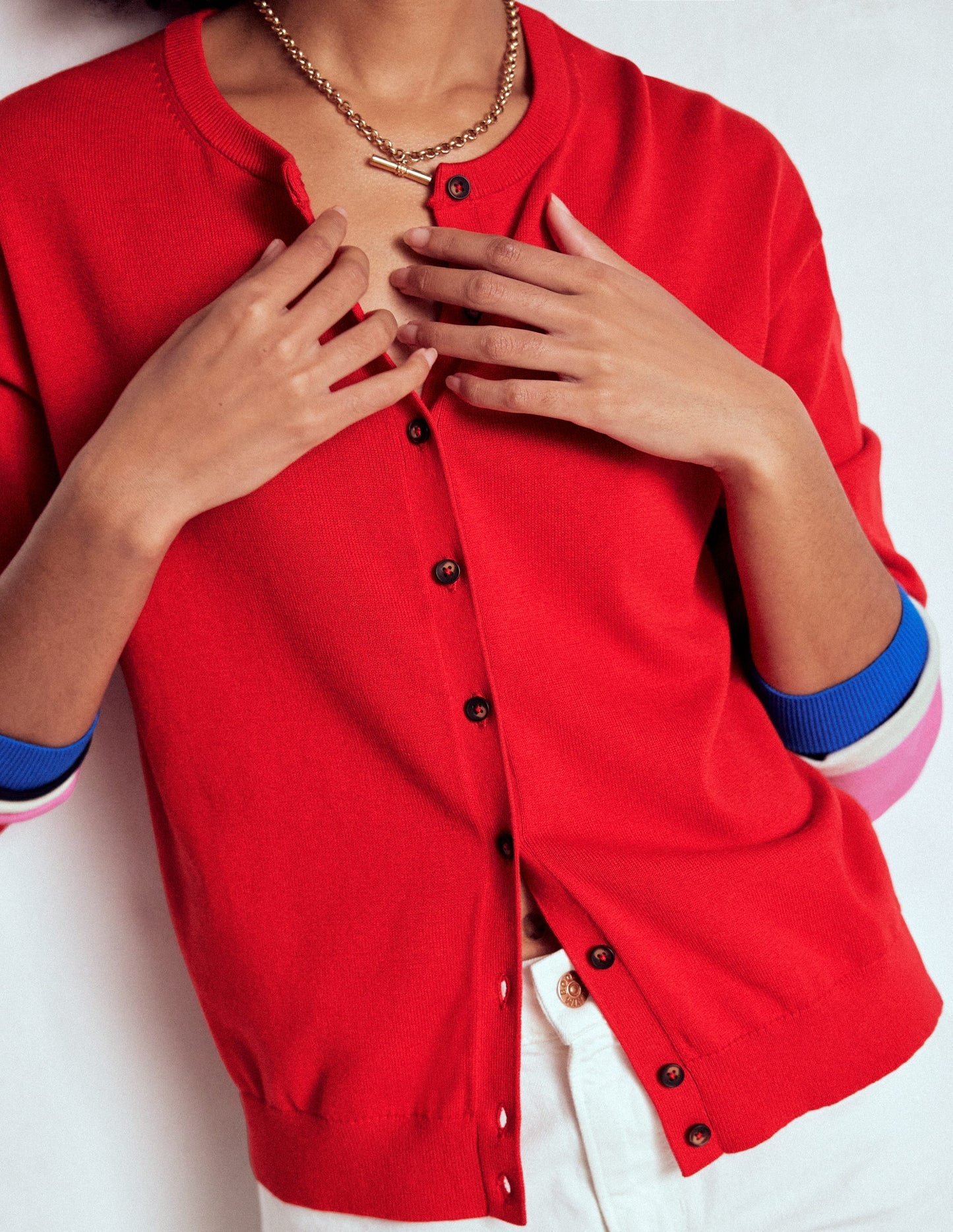 Boden Lara Relaxed Cotton Cardigan - Poppy Red, Cuff Stripe