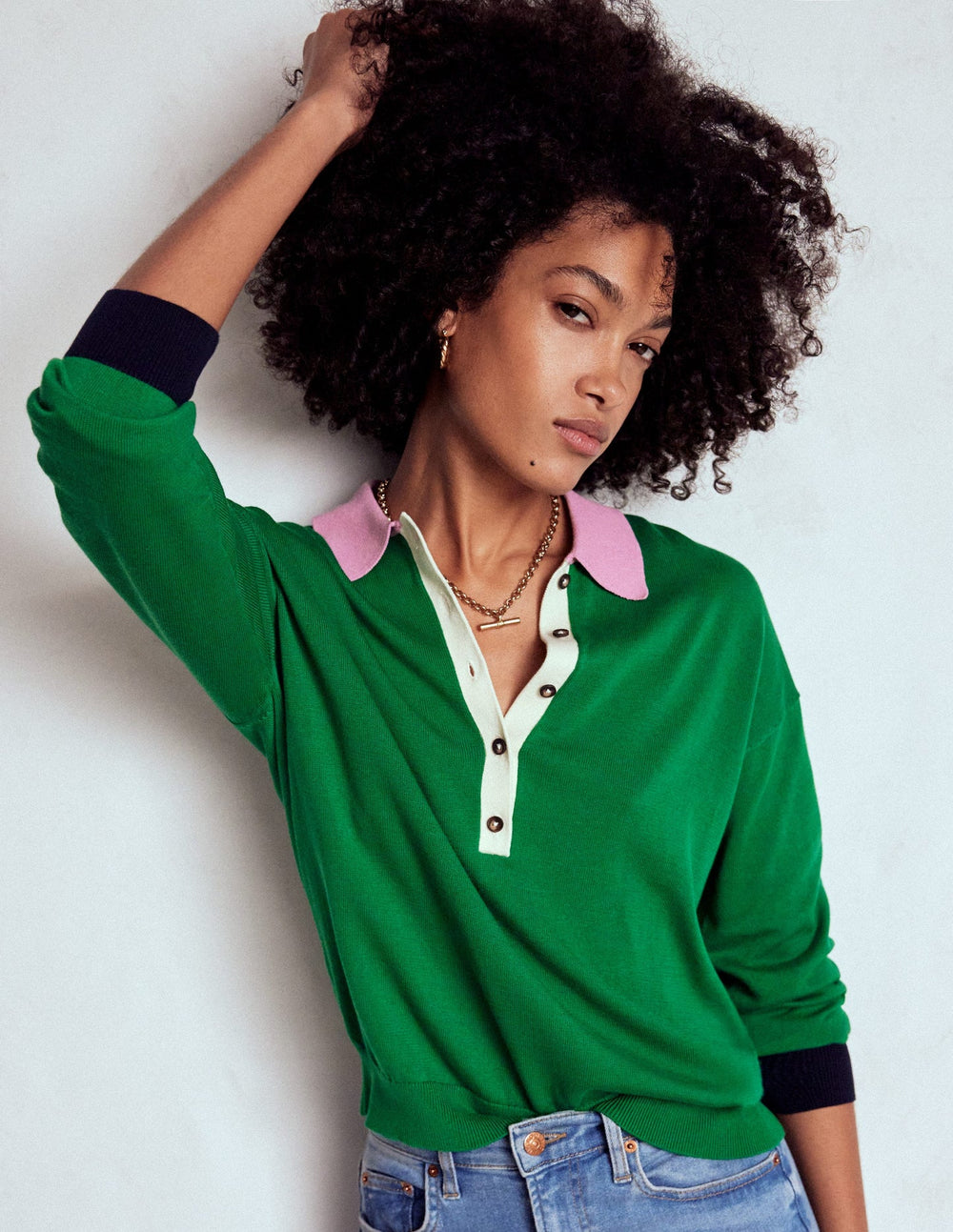 Boden Lara Relaxed Cotton Henley - Rich Emerald Colour Block