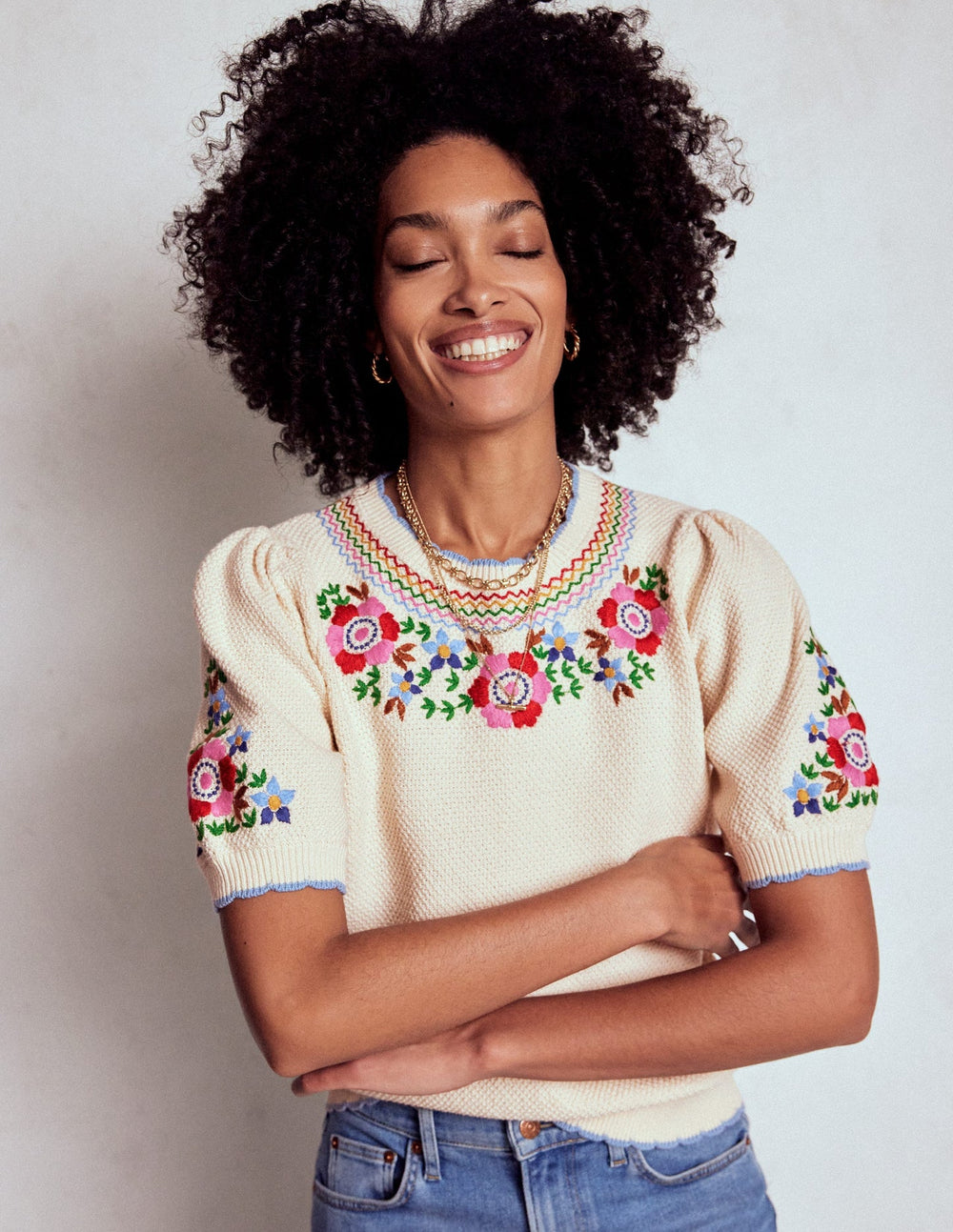 Boden Puff Sleeve Embroidery T-shirt - Warm Ivory