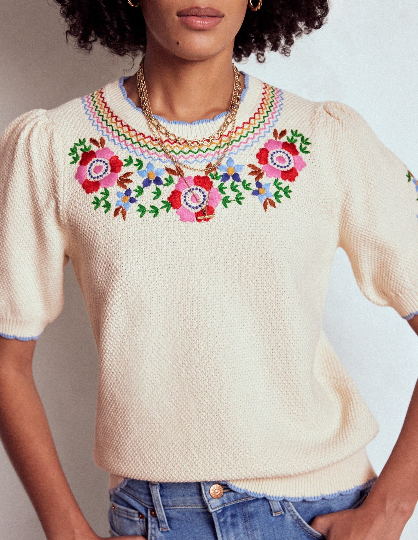 Boden Puff Sleeve Embroidery T-shirt - Warm Ivory