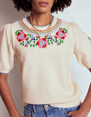 Boden Puff Sleeve Embroidery T-shirt - Warm Ivory