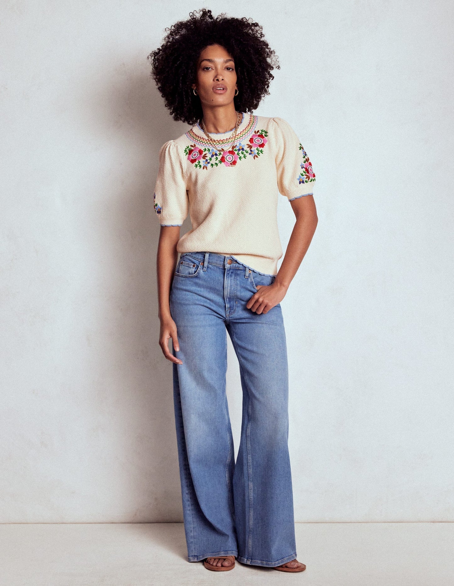 Boden Puff Sleeve Embroidery T-shirt - Warm Ivory