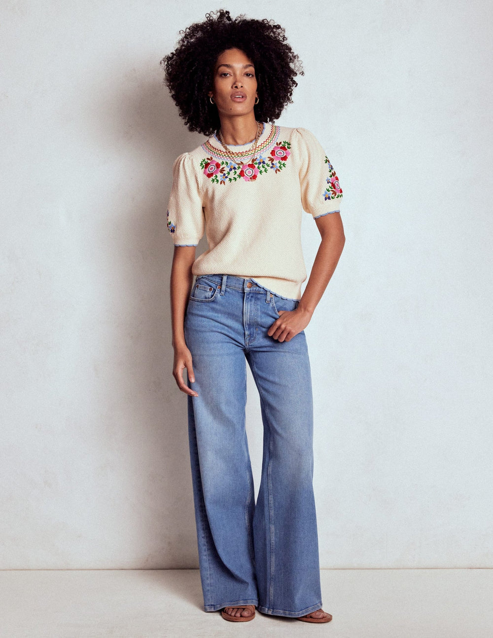 Boden Puff Sleeve Embroidery T-shirt - Warm Ivory