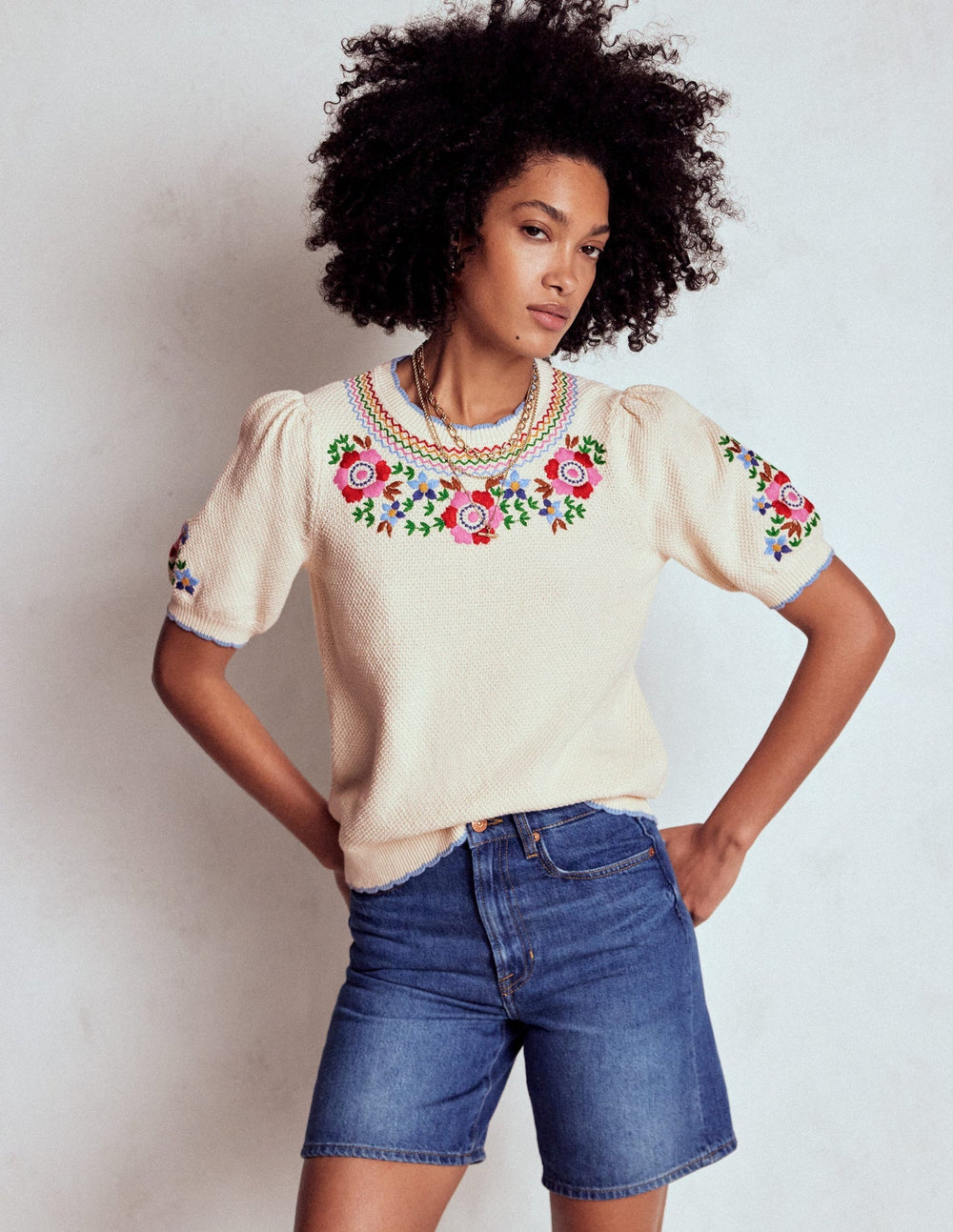 Boden Puff Sleeve Embroidery T-shirt - Warm Ivory