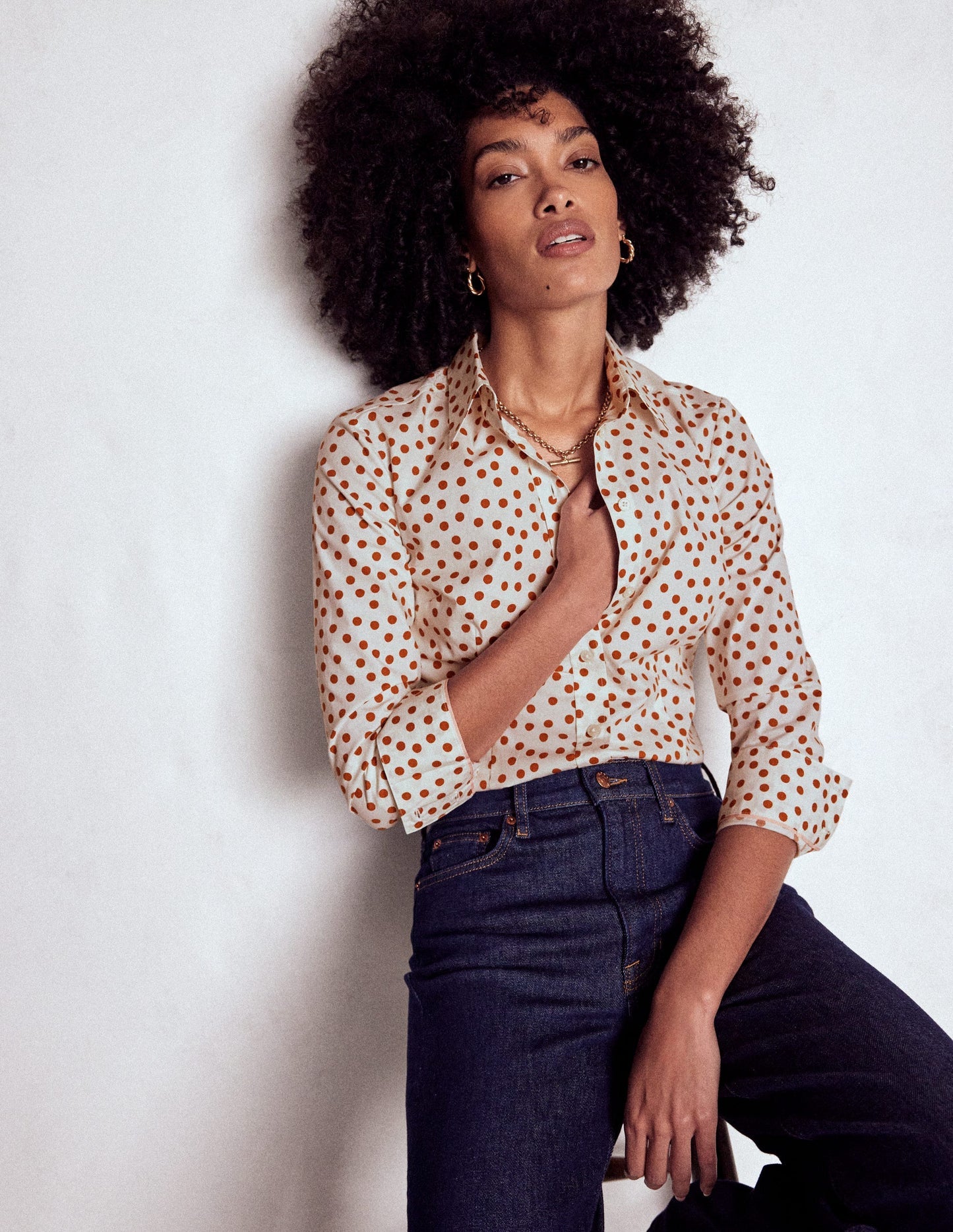 Boden Saskia Stretch Cotton Shirt - Cognac, Painted Dot