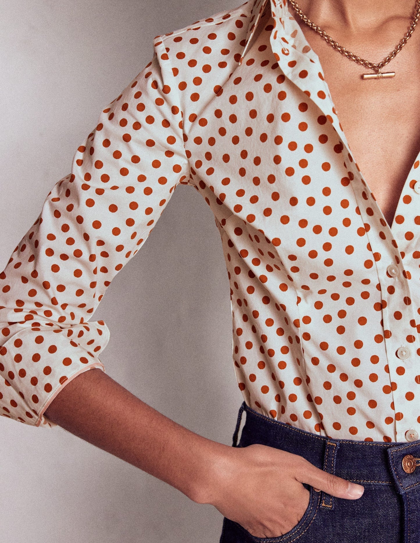 Boden Saskia Stretch Cotton Shirt - Cognac, Painted Dot