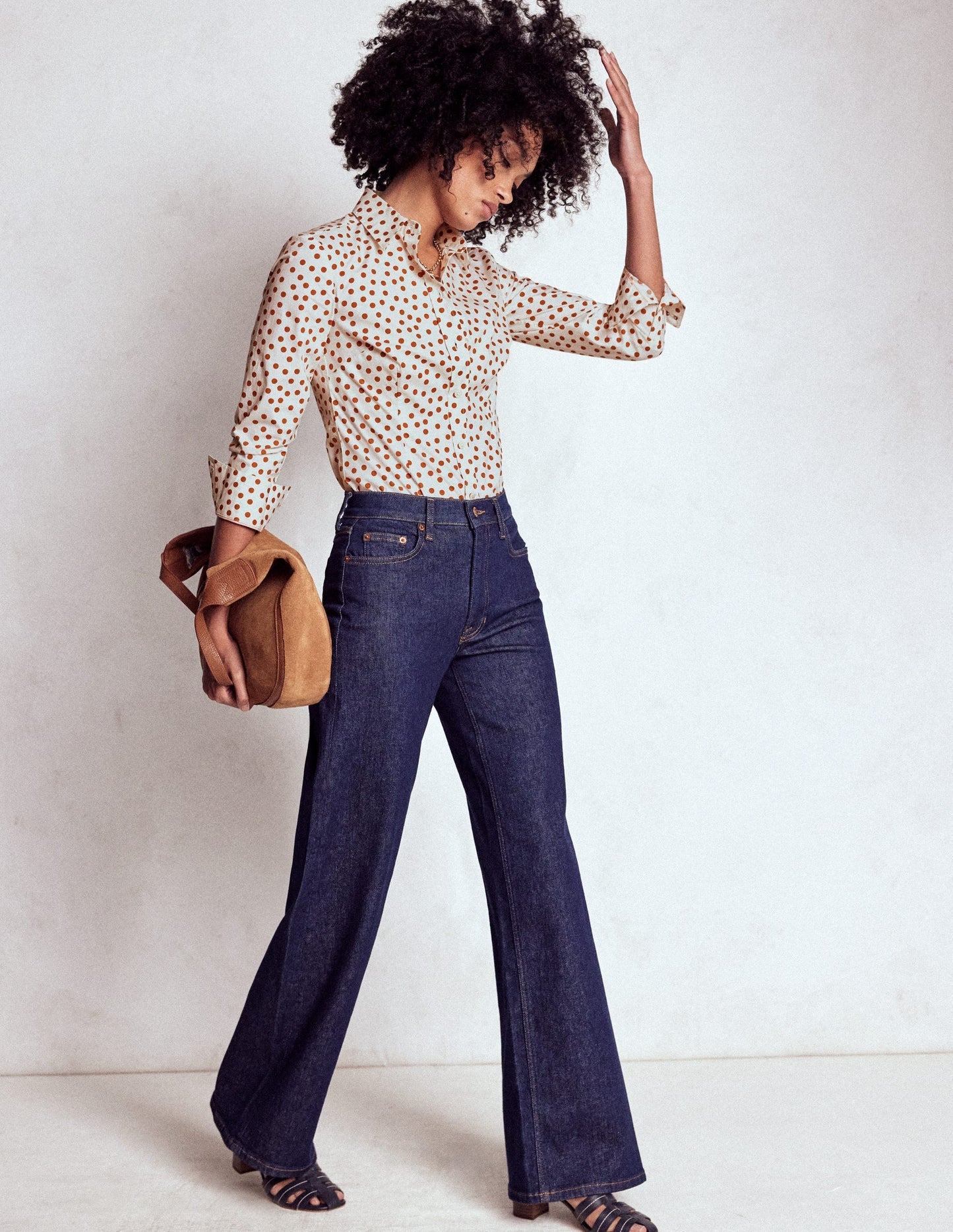 Boden Saskia Stretch Cotton Shirt - Cognac, Painted Dot