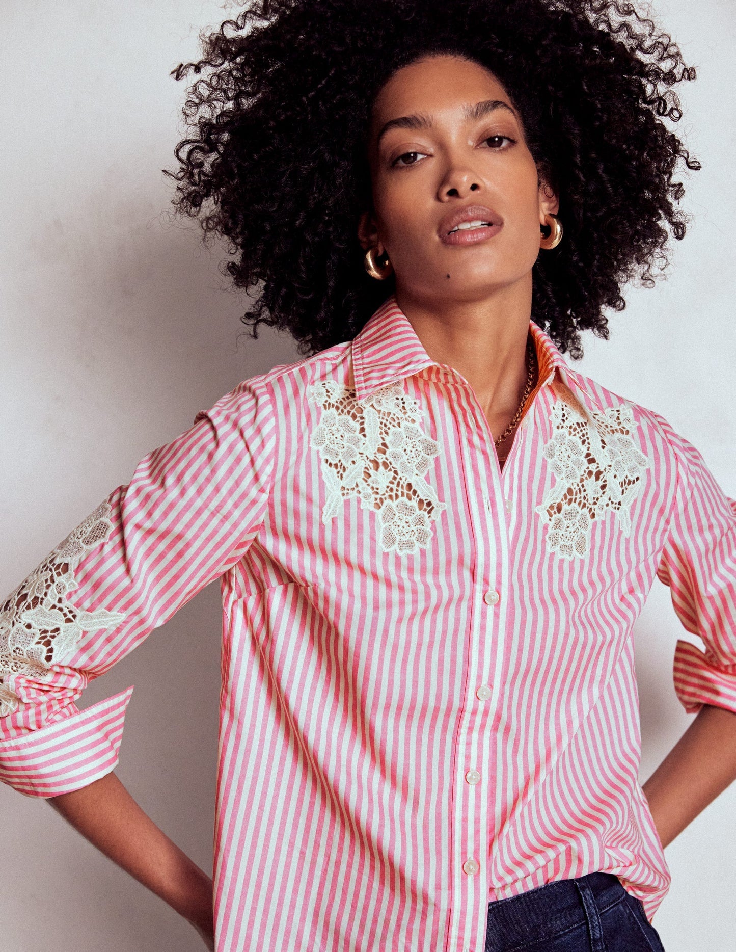 Boden Sienna Interest Cotton Shirt - Pink and Ivory Cutwork Stripe