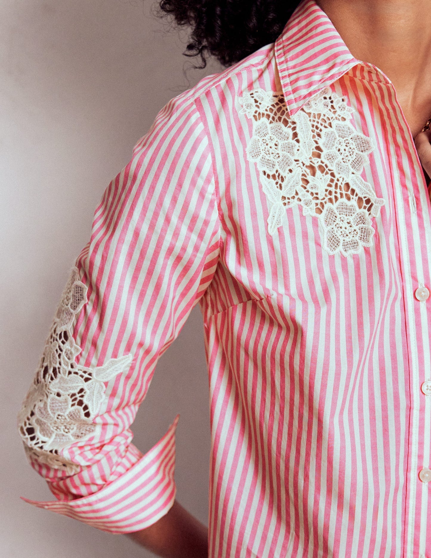 Boden Sienna Interest Cotton Shirt - Pink and Ivory Cutwork Stripe