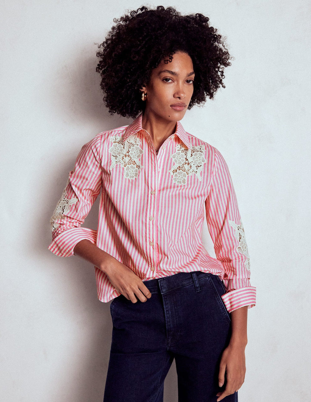 Boden Sienna Interest Cotton Shirt - Pink and Ivory Cutwork Stripe