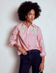 Boden Sienna Interest Cotton Shirt - Pink and Ivory Cutwork Stripe