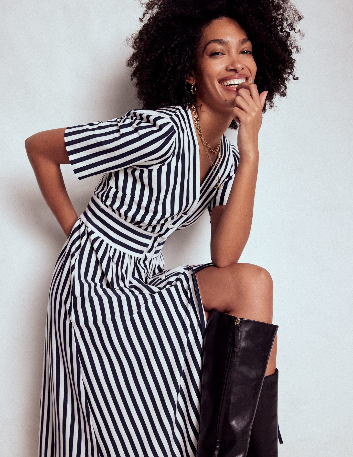Boden Natalia Jersey Tea Dress - French Navy, Ivory Stripe