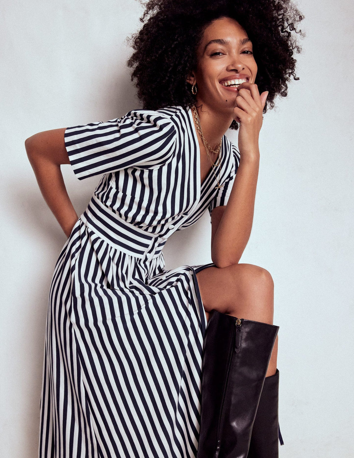 Boden Natalia Jersey Tea Dress - French Navy, Ivory Stripe