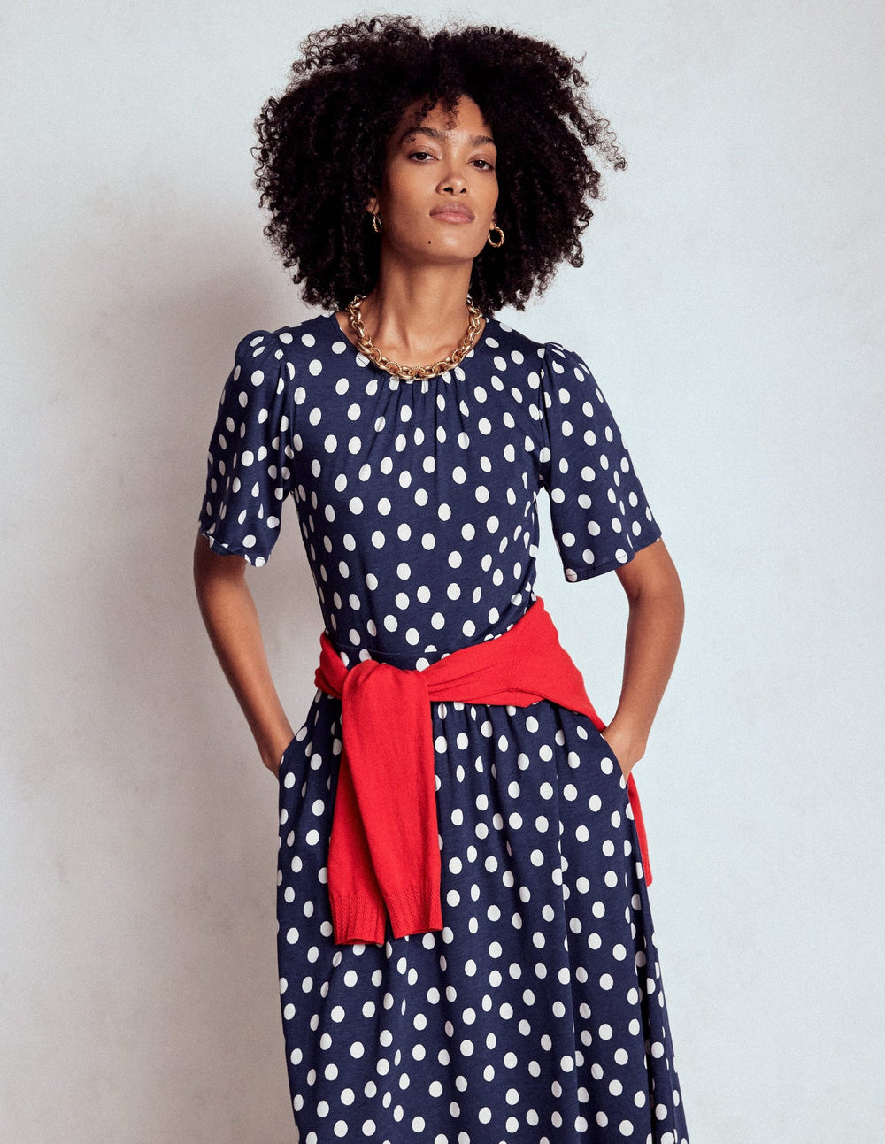 Boden Louisa Jersey Midi Dress - French Navy, Painted Dot