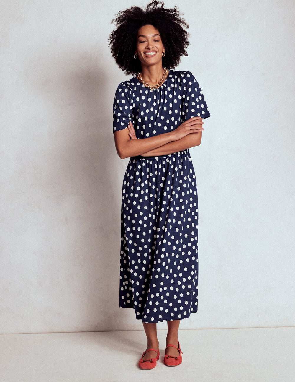 Boden Louisa Jersey Midi Dress - French Navy, Painted Dot