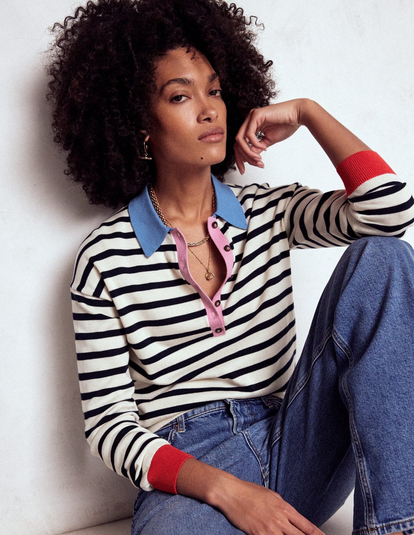 Boden Lara Relaxed Cotton Henley - Navy/ Warm Ivory