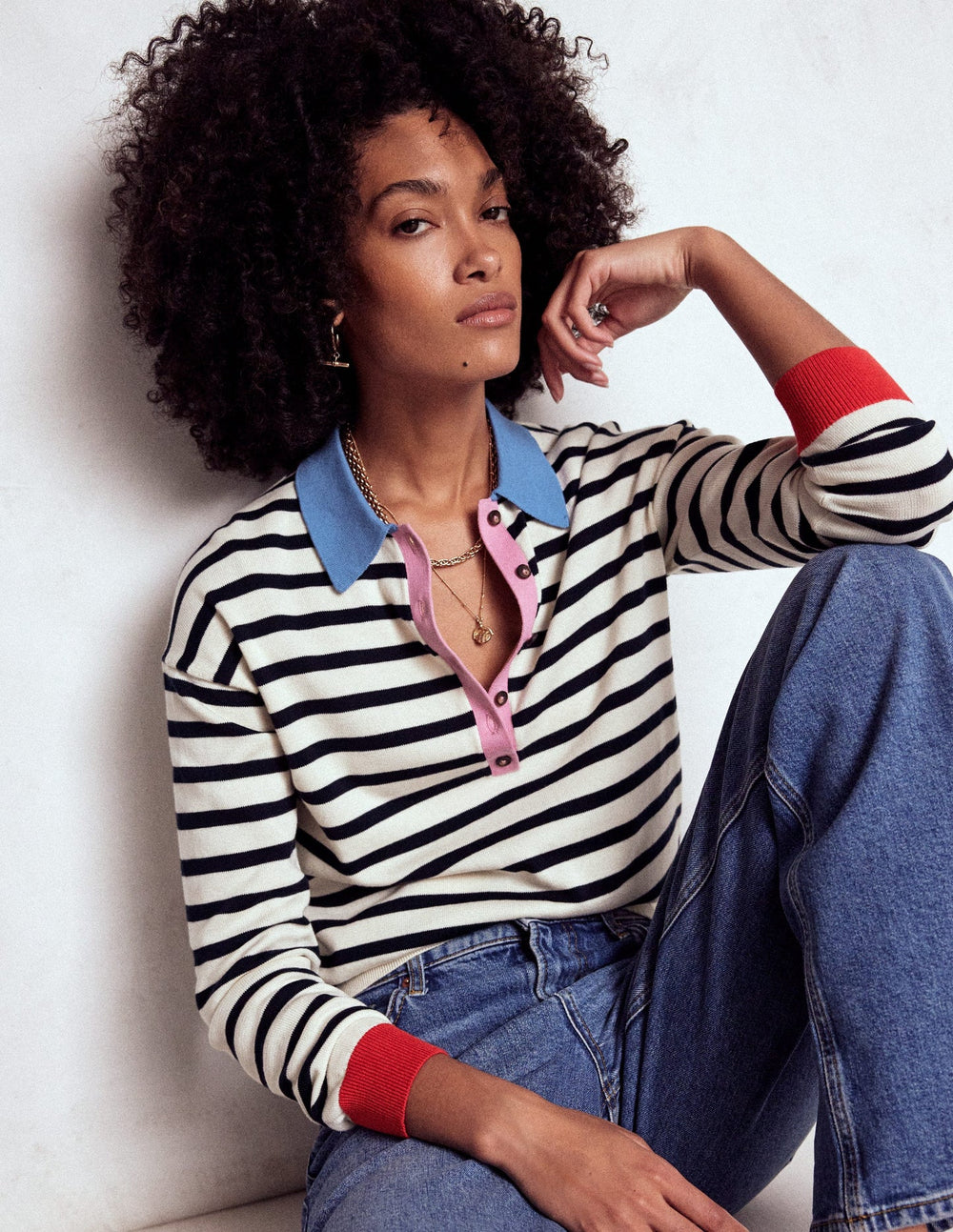 Boden Lara Relaxed Cotton Henley - Navy/ Warm Ivory