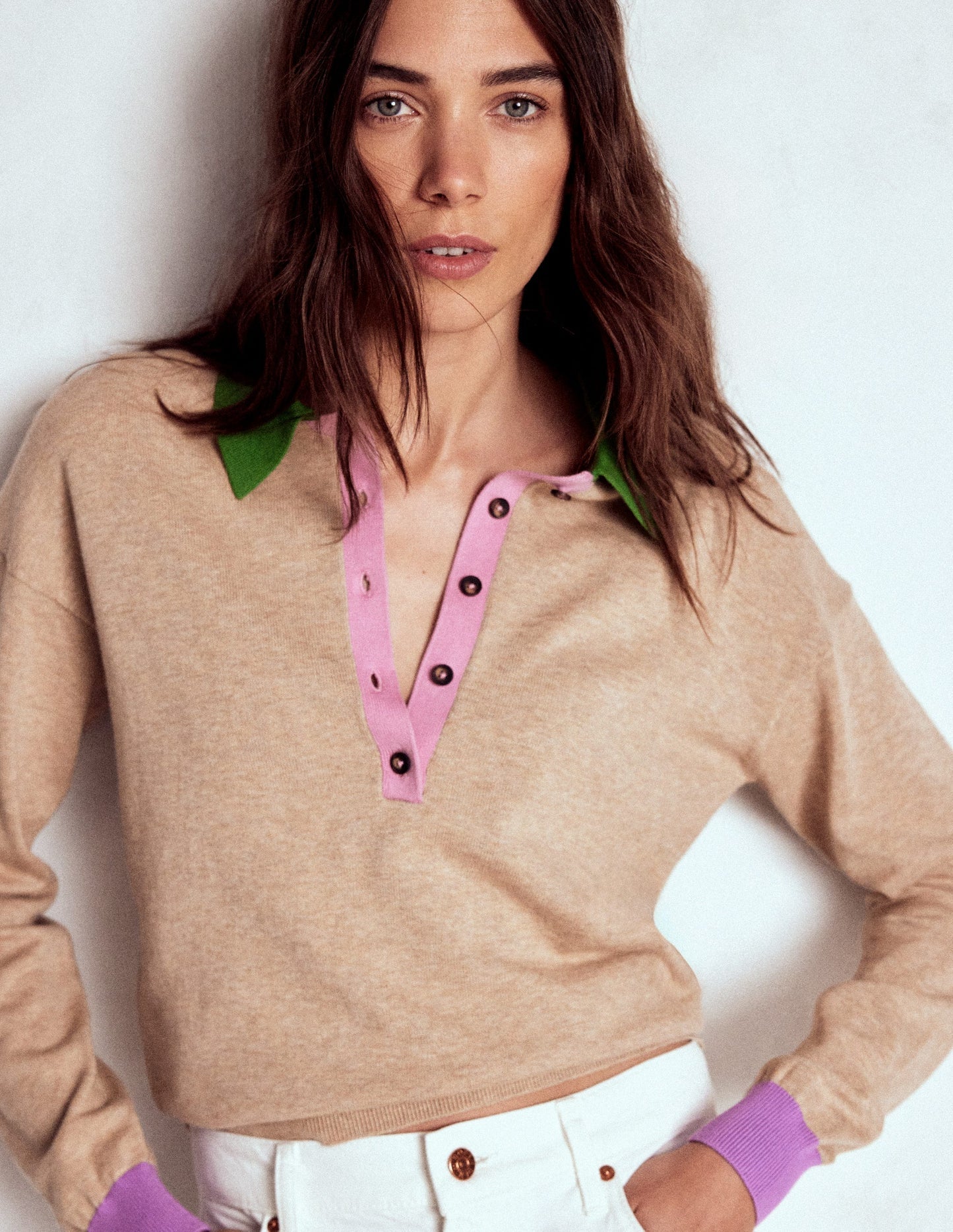 Boden Lara Relaxed Cotton Henley - Chinchilla Melange