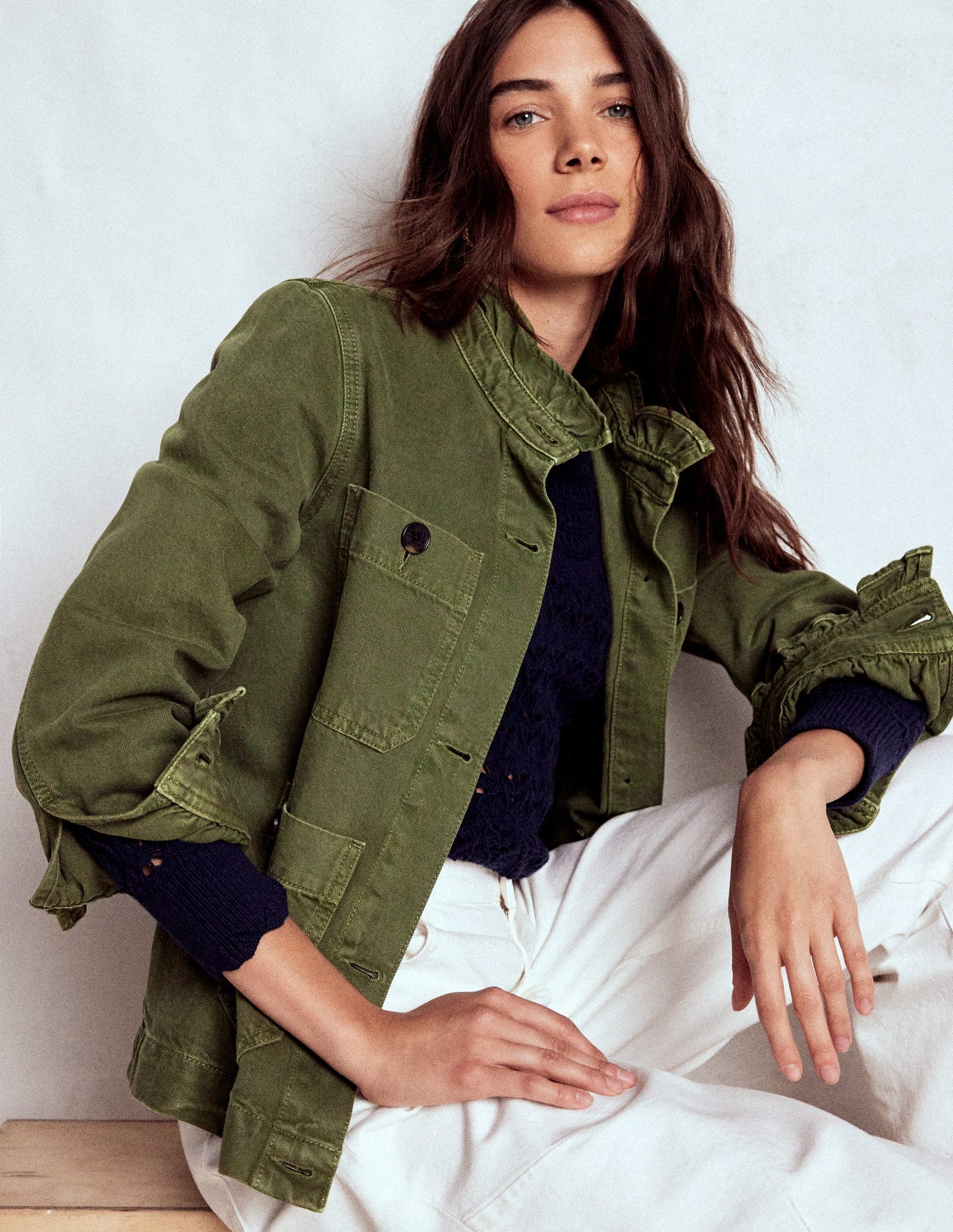 Boden Cotton Frill Collar Jacket - Woodland Green