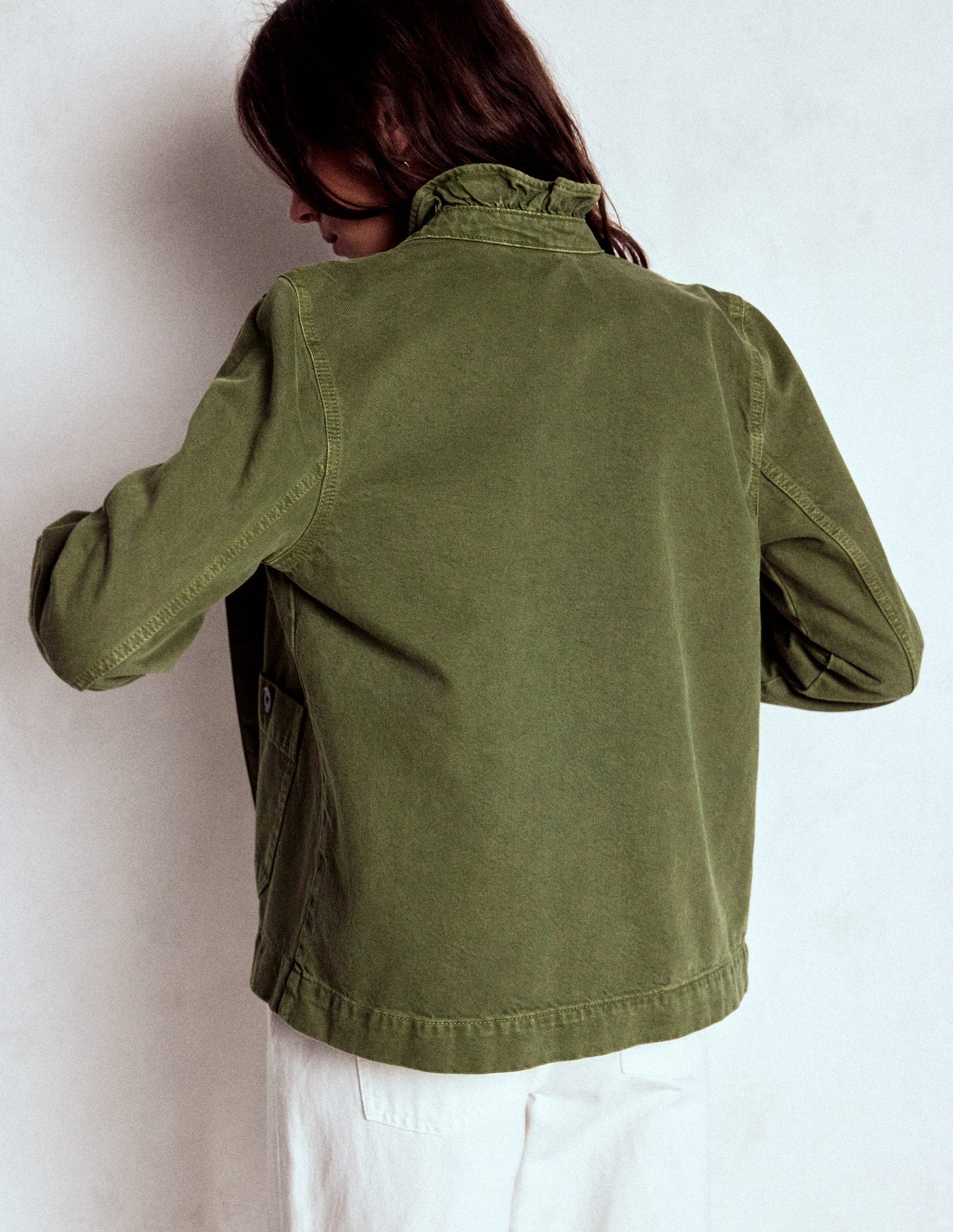 Boden Cotton Frill Collar Jacket - Woodland Green