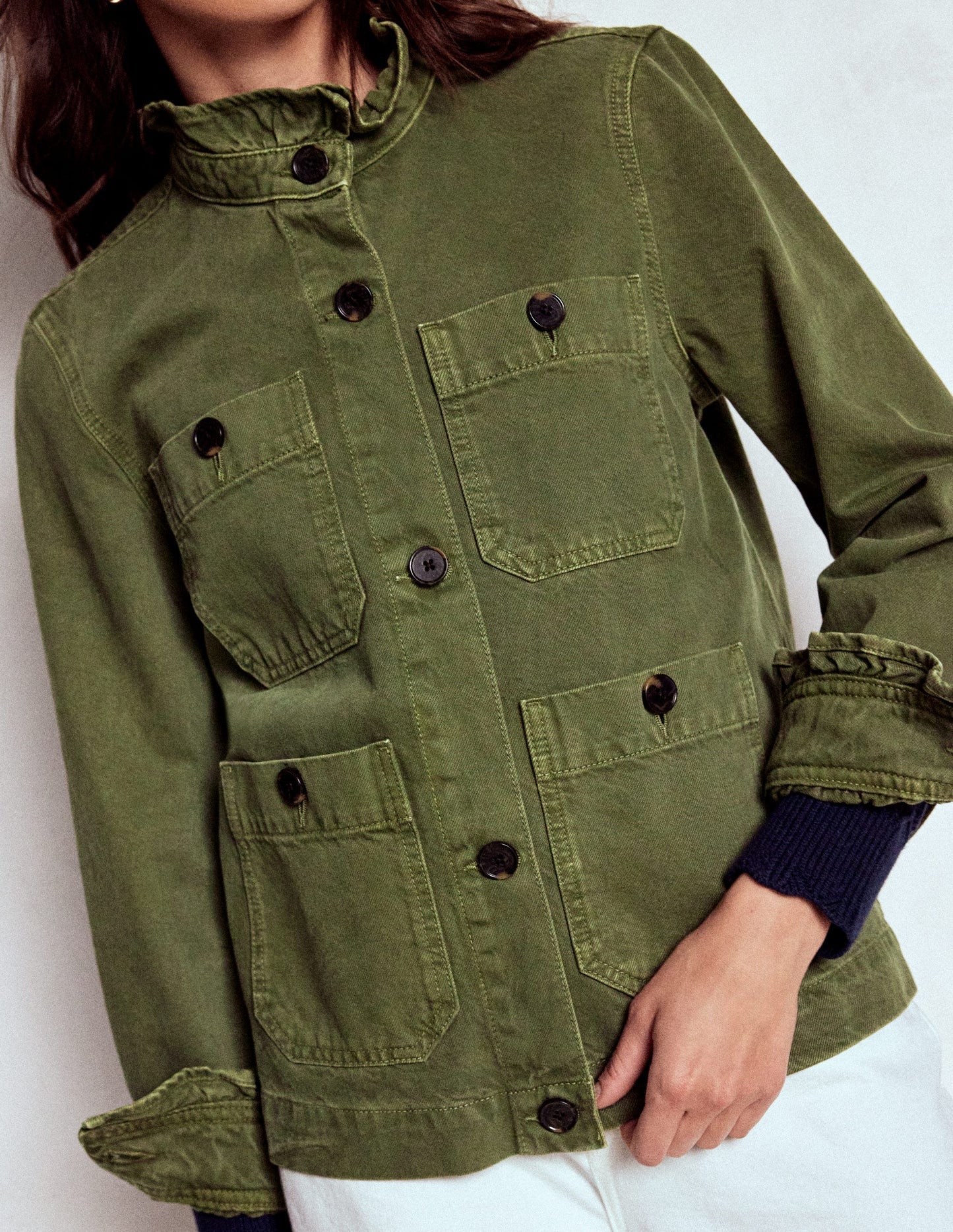 Boden Cotton Frill Collar Jacket - Woodland Green