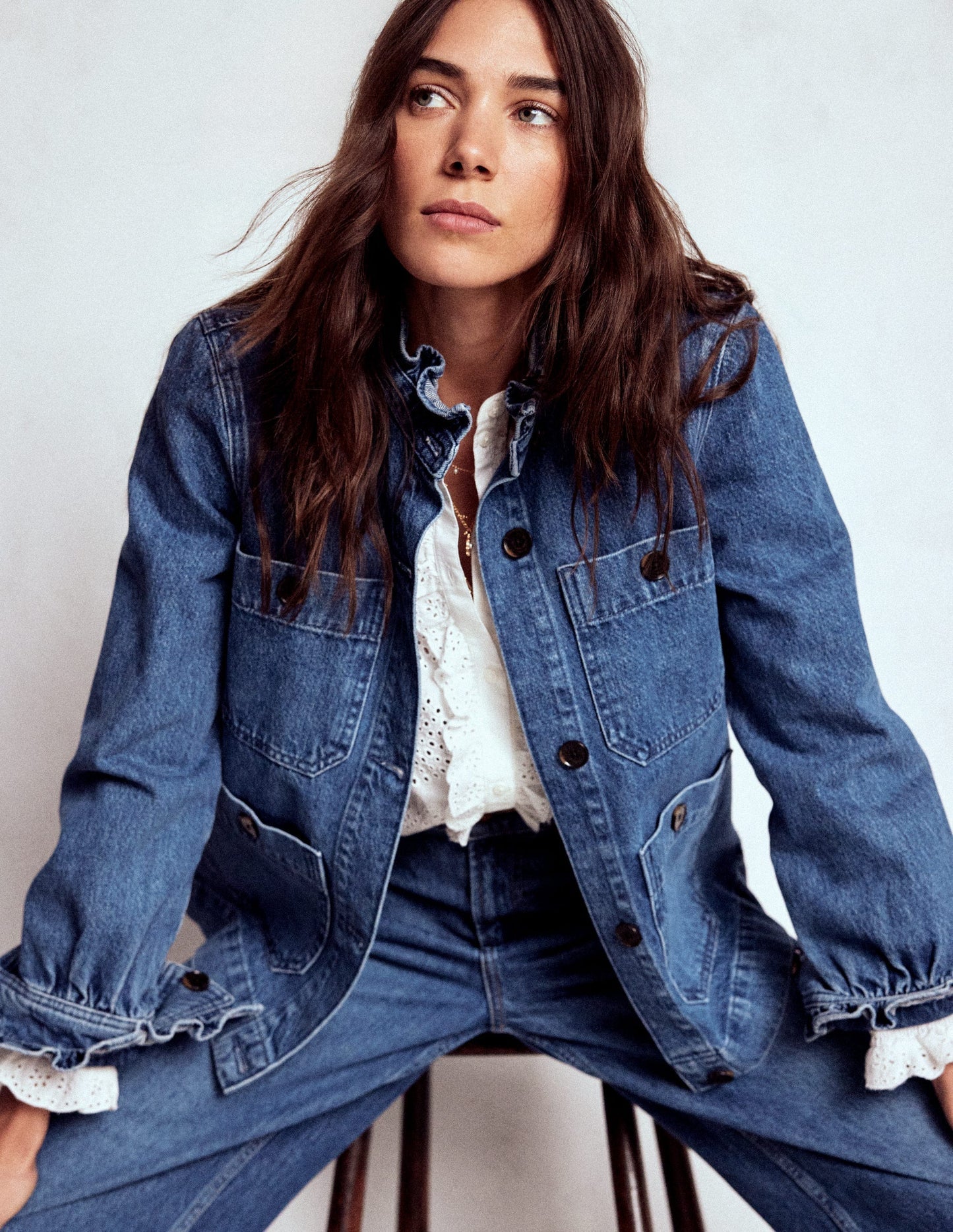 Boden Denim Frill Collar Jacket - Mid Wash