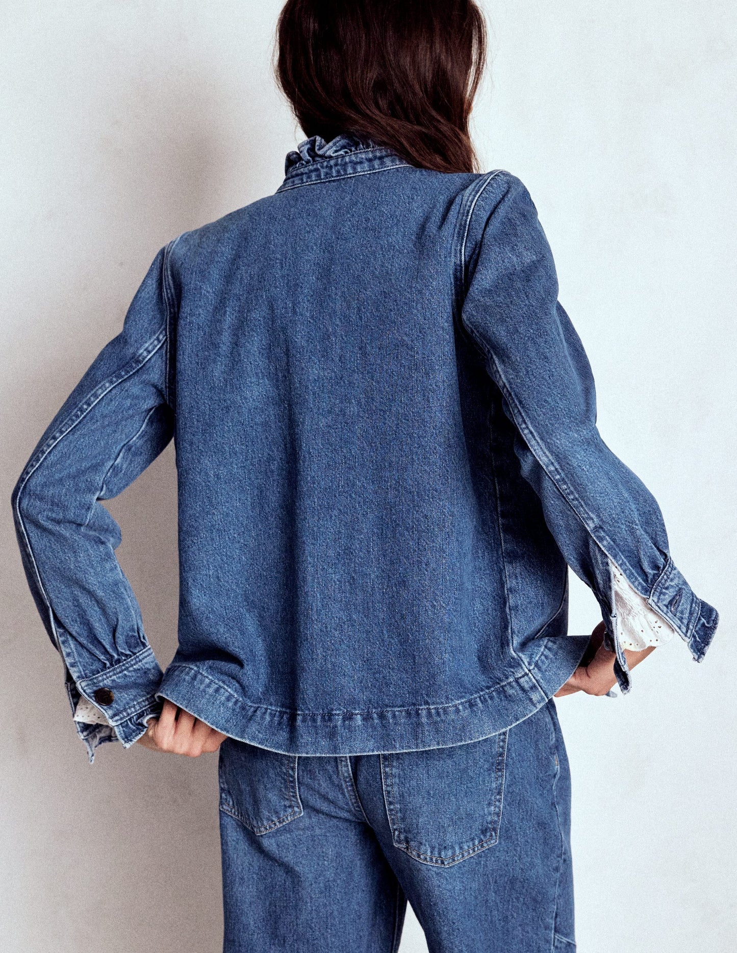 Boden Denim Frill Collar Jacket - Mid Wash