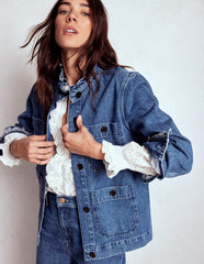 Boden Denim Frill Collar Jacket - Mid Wash