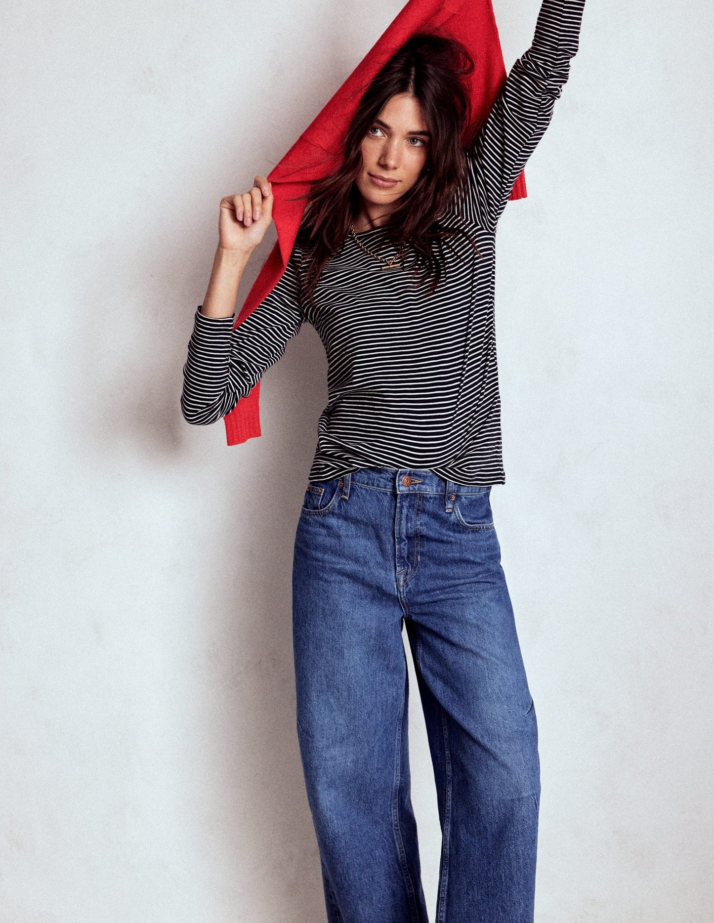 Boden Cotton Crew Long Sleeve Top - Navy, Ivory Stripe
