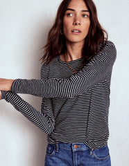 Boden Cotton Crew Long Sleeve Top - Navy, Ivory Stripe