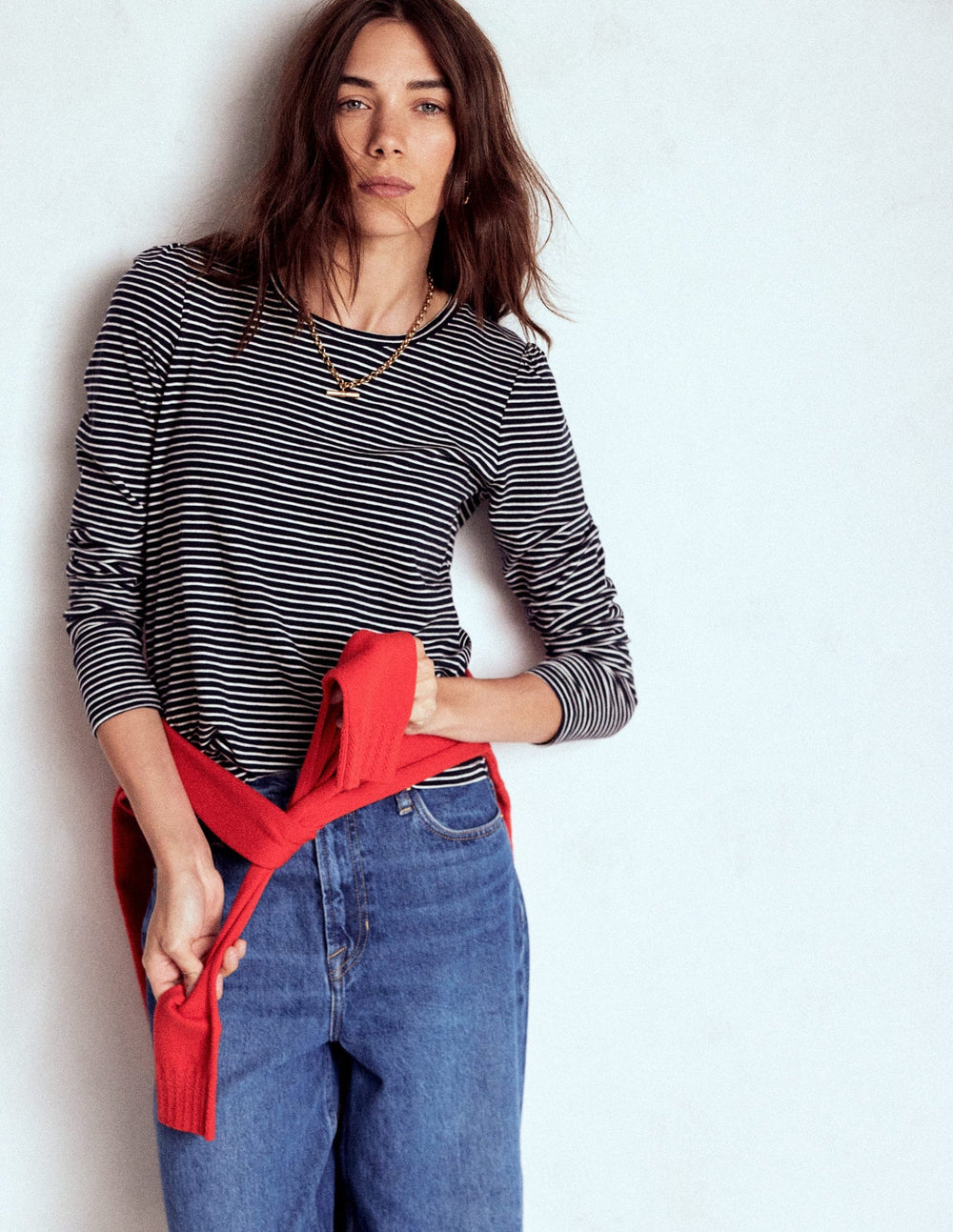 Boden Cotton Crew Long Sleeve Top - Navy, Ivory Stripe
