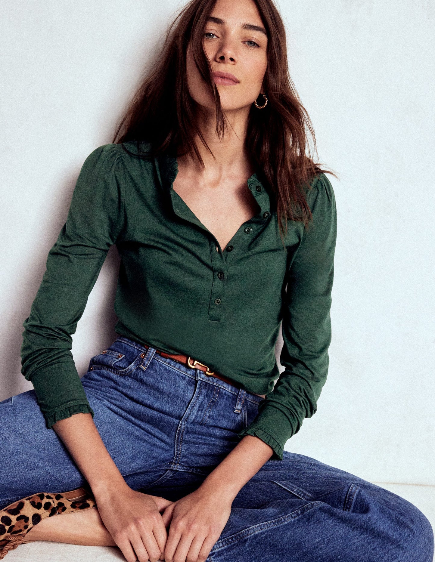 Boden Supersoft Frill Henley Top - Green Pine