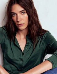 Boden Supersoft Frill Henley Top - Green Pine