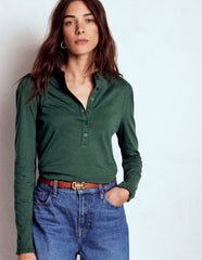 Boden Supersoft Frill Henley Top - Green Pine