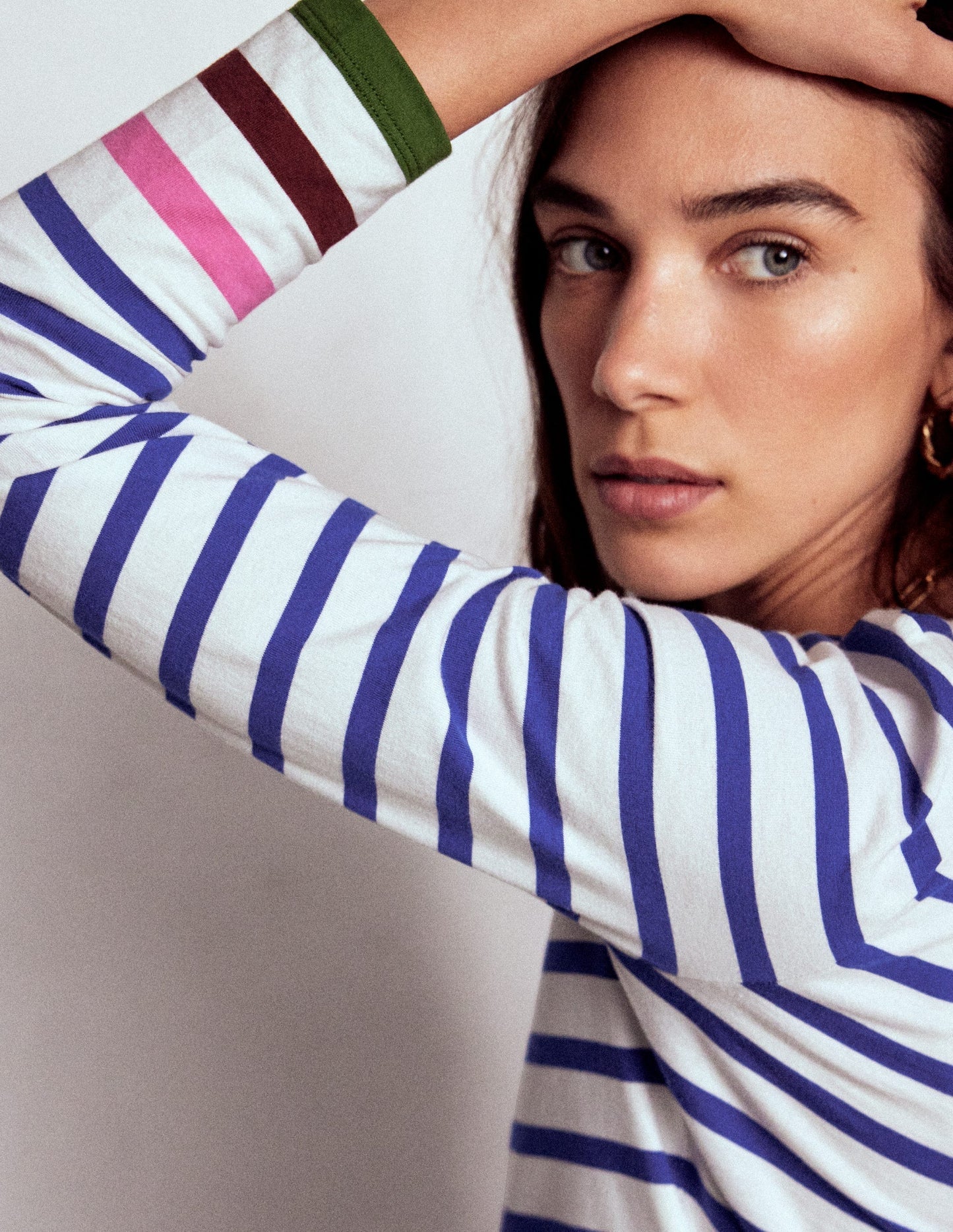 Boden Olivia Long Sleeve Breton - Kingfisher Blue, Multi Cuff