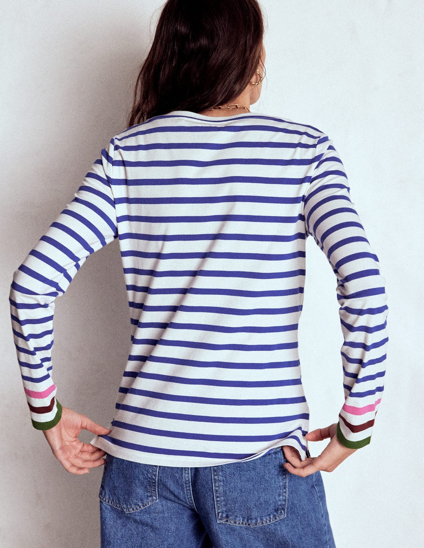 Boden Olivia Long Sleeve Breton - Kingfisher Blue, Multi Cuff