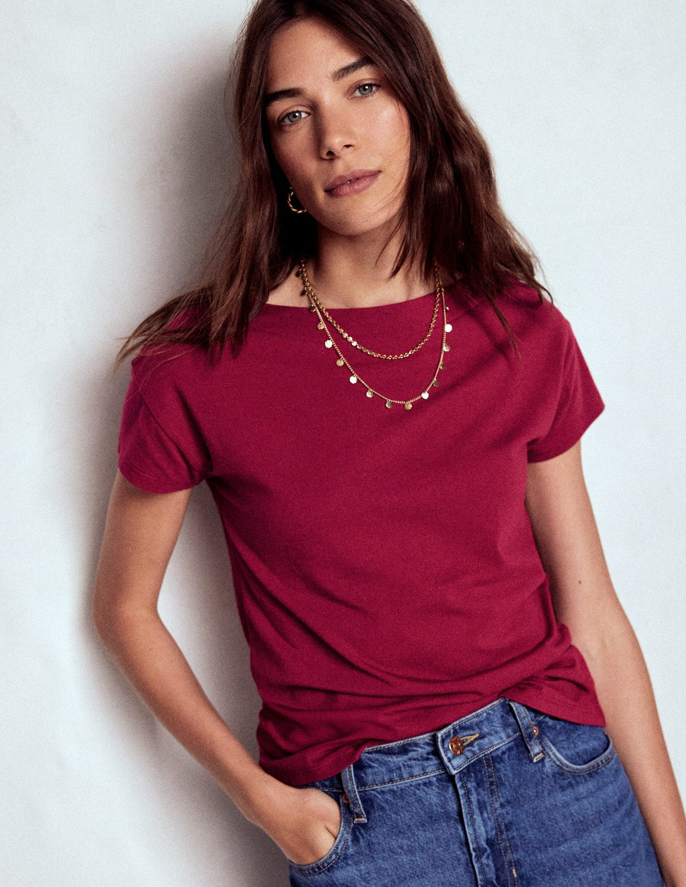 Boden Supersoft Boat Neck T-shirt - Burgundy Red