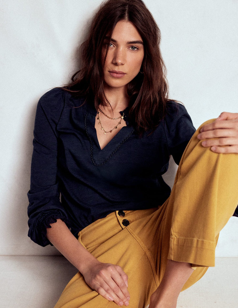 Boden Aria Broderie Notch Neck Top - Navy