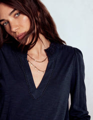 Boden Aria Broderie Notch Neck Top - Navy