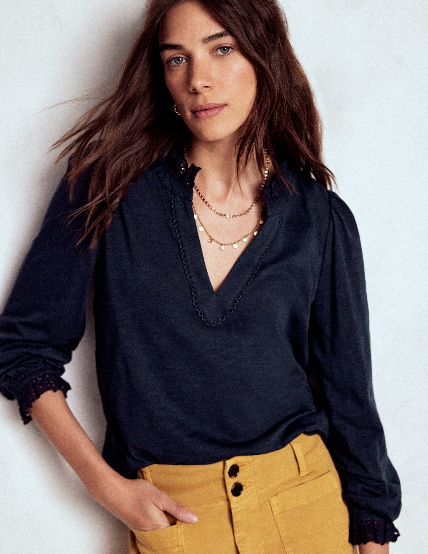 Boden Aria Broderie Notch Neck Top - Navy