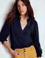 Boden Aria Broderie Notch Neck Top - Navy