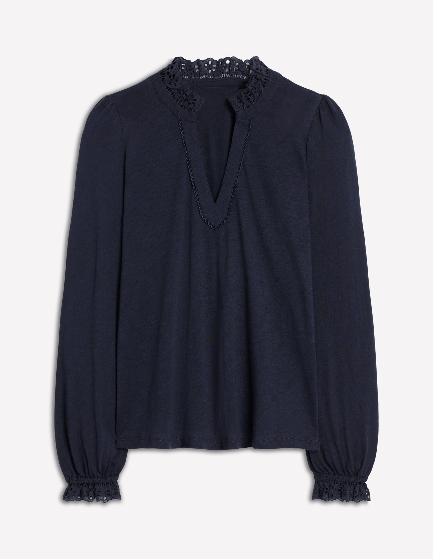 Boden Aria Broderie Notch Neck Top - Navy