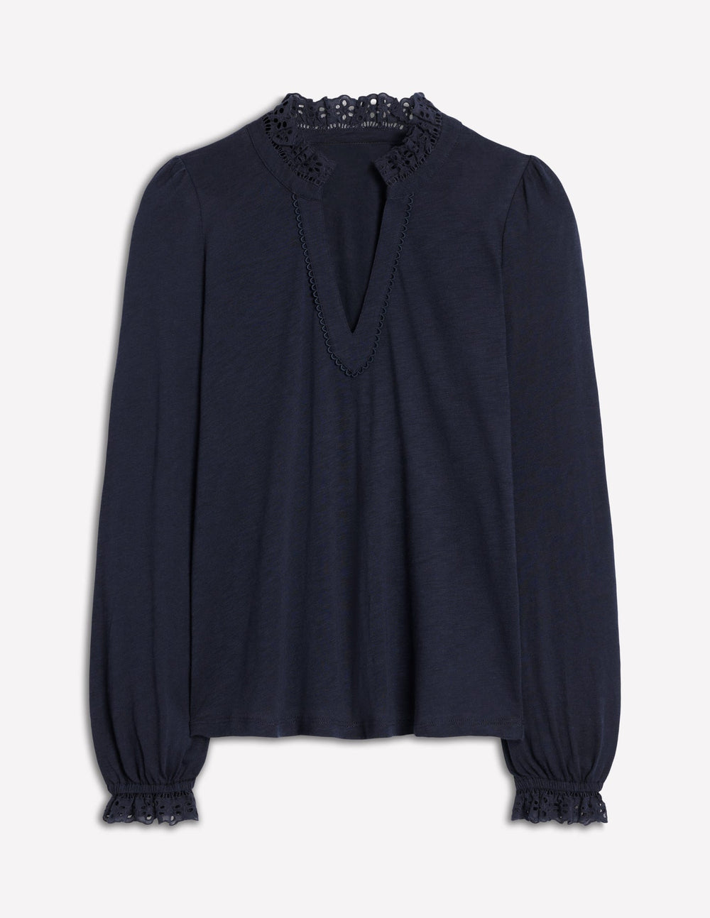 Boden Aria Broderie Notch Neck Top - Navy