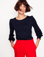 Boden Smocked Cuff Supersoft Top - Navy