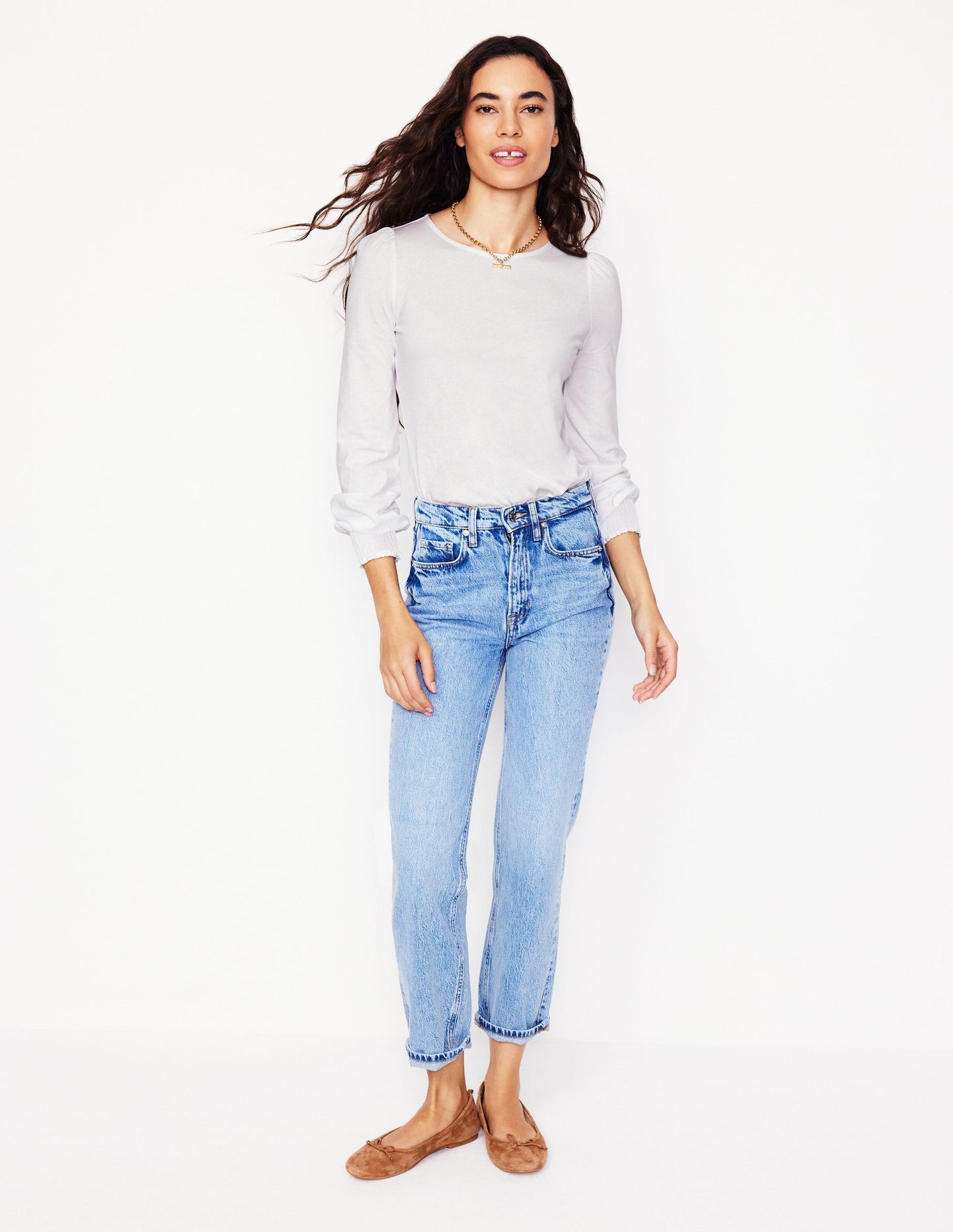 Boden Smocked Cuff Supersoft Top - White